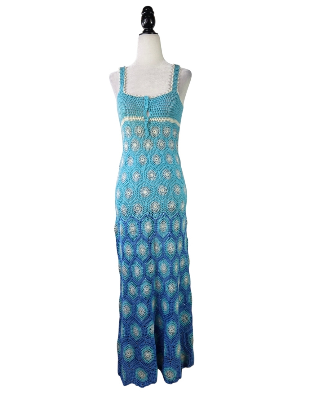 Sky to Navy Ombre Crochet Maxi Dress with Button Detail